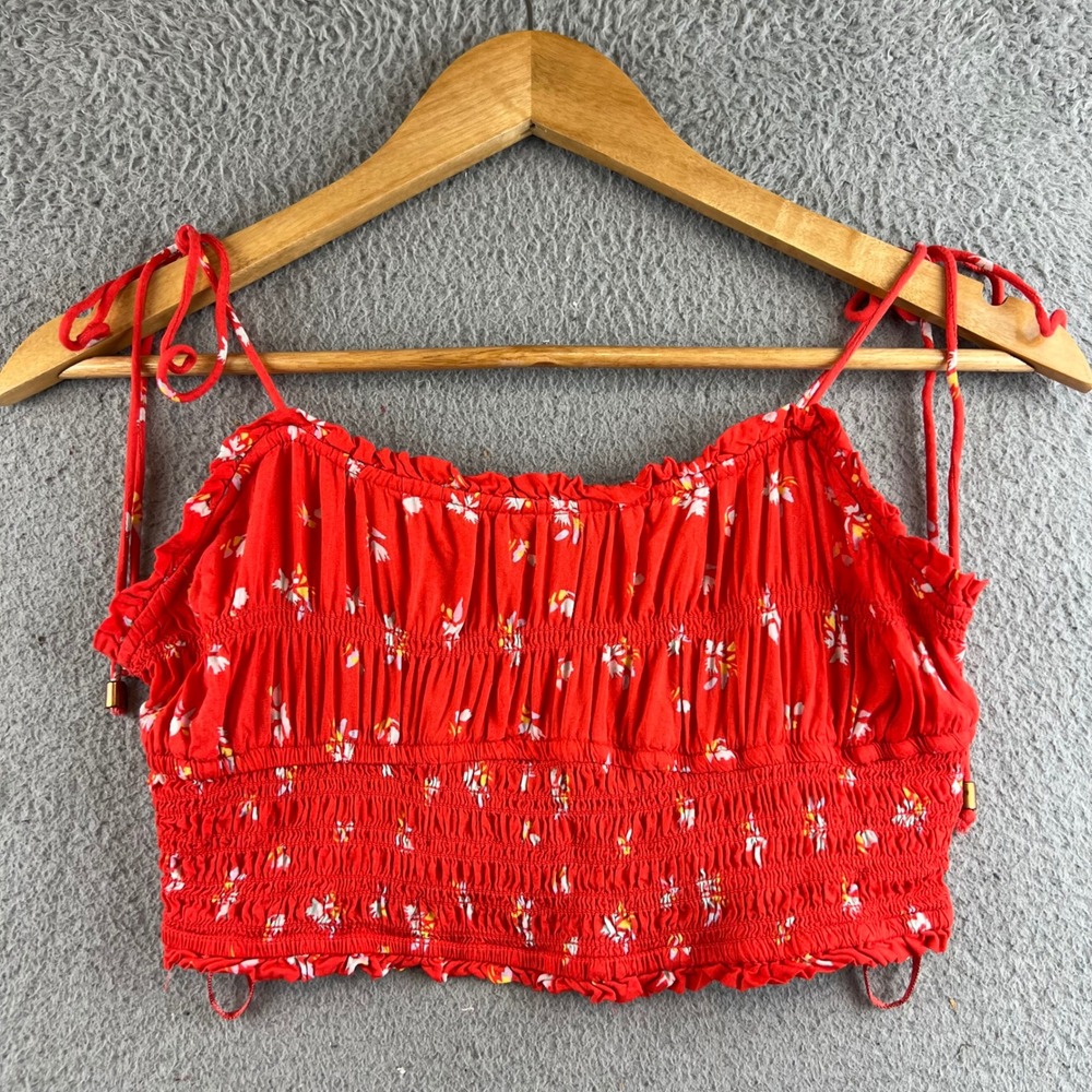 Free People Red Floral Smocked Crop Top Tie Shoulder Boho XS